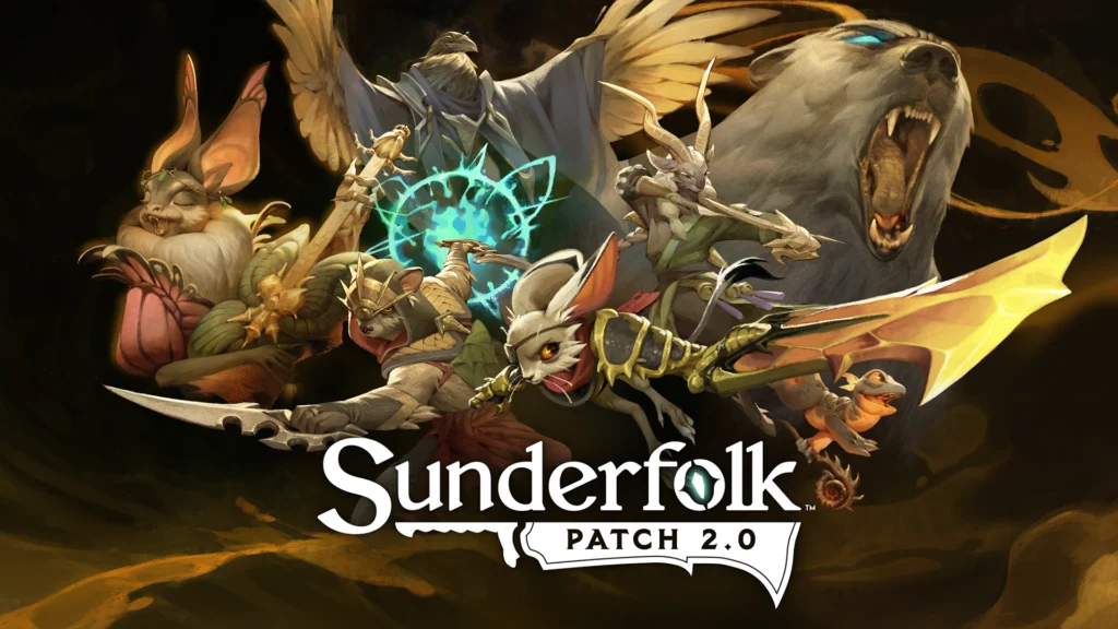 The cover for the Sunderfolk 2.0 patch featuring every hero beside each other with the game title and patch name below them