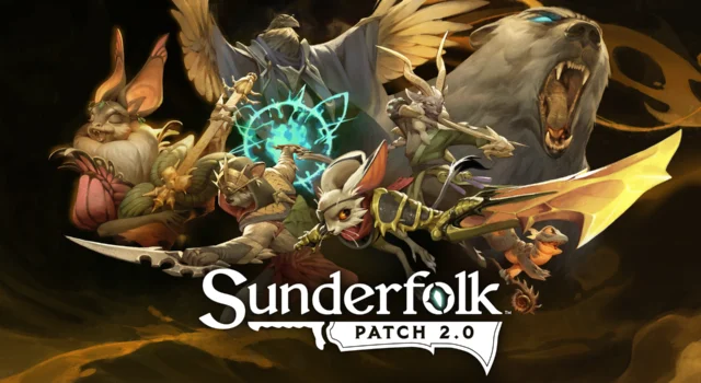 The cover for the Sunderfolk 2.0 patch featuring every hero beside each other with the game title and patch name below them