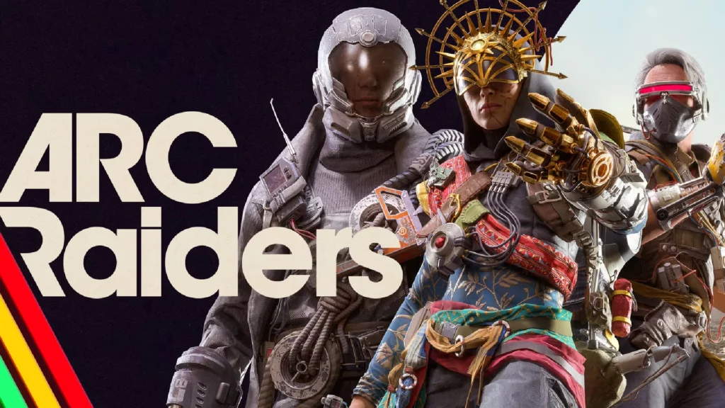 The cover of the Arc Raiders Riven Tides update featuring three Raiders wearing three different cosmetic sets from the latest update on the title of the game