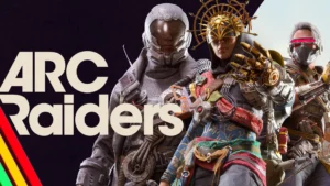 The cover of the Arc Raiders Riven Tides update featuring three Raiders wearing three different cosmetic sets from the latest update on the title of the game