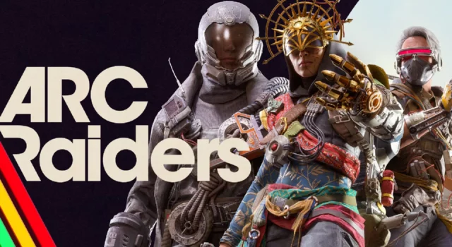 The cover of the Arc Raiders Riven Tides update featuring three Raiders wearing three different cosmetic sets from the latest update on the title of the game