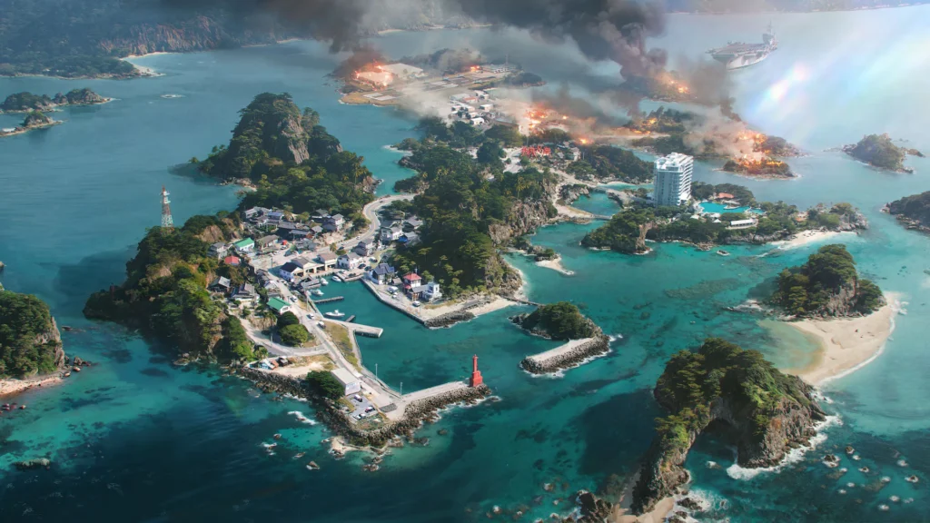 Concept art for a map containing several islands surrounded by water which will arrive in 2026 as stated in the Battlefield 6 2026 roadmap