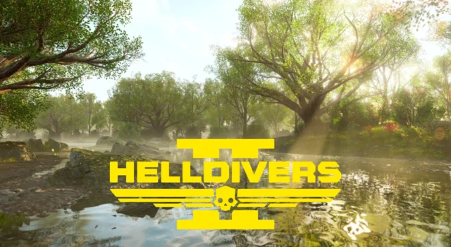 An image of the new forest meadow biome in Helldivers 2, which was introduced in the Helldivers 2 6.2.2 patch, with the title of the game in the bottom middle