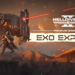 The cover for the Helldivers 2 Exo Experts Warbond showing two Helldivers standing in front of the new Breakthrough mech
