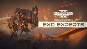 The cover for the Helldivers 2 Exo Experts Warbond showing two Helldivers standing in front of the new Breakthrough mech