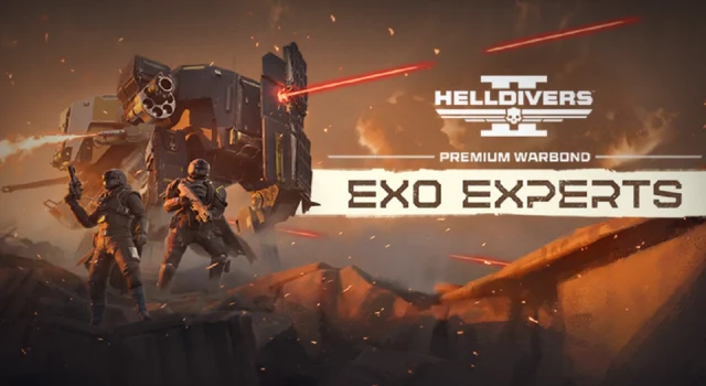 The cover for the Helldivers 2 Exo Experts Warbond showing two Helldivers standing in front of the new Breakthrough mech