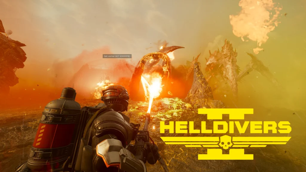 A Helldiver fighting off the Helldivers 2 Spore Burst Strain with a flamethrower with the title Helldivers 2 to the right of them