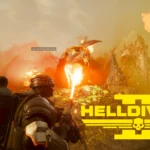 A Helldiver fighting off the Helldivers 2 Spore Burst Strain with a flamethrower with the title Helldivers 2 to the right of them
