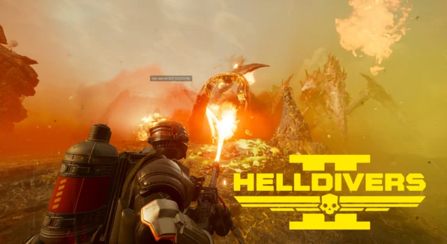 A Helldiver fighting off the Helldivers 2 Spore Burst Strain with a flamethrower with the title Helldivers 2 to the right of them