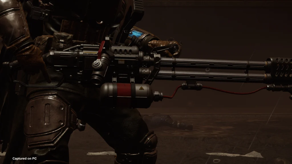 A close up image of a Helldiver holding onto the Cremator flamethrower 