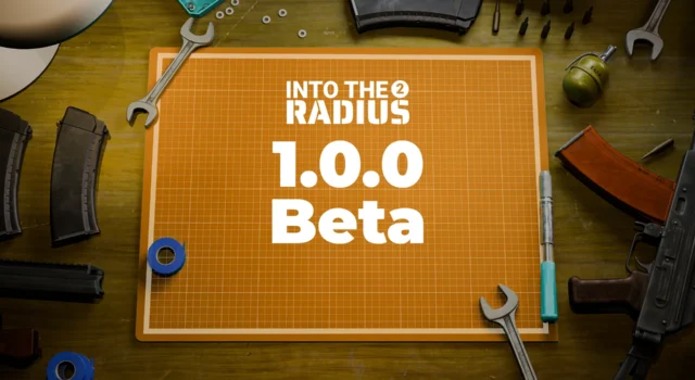 The cover for the Into the Radius 2 1.0 beta showing the title of it on a weapon table with weapon parts strewn about