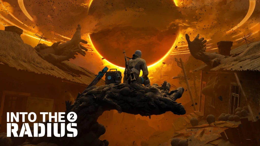 The cover for the Into the Radius 2 1.0 release showing an Explorer sitting on a structure resembling a hand with his equipment to his left side while he stares into the distant Radius
