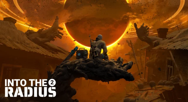 The cover for the Into the Radius 2 1.0 release showing an Explorer sitting on a structure resembling a hand with his equipment to his left side while he stares into the distant Radius