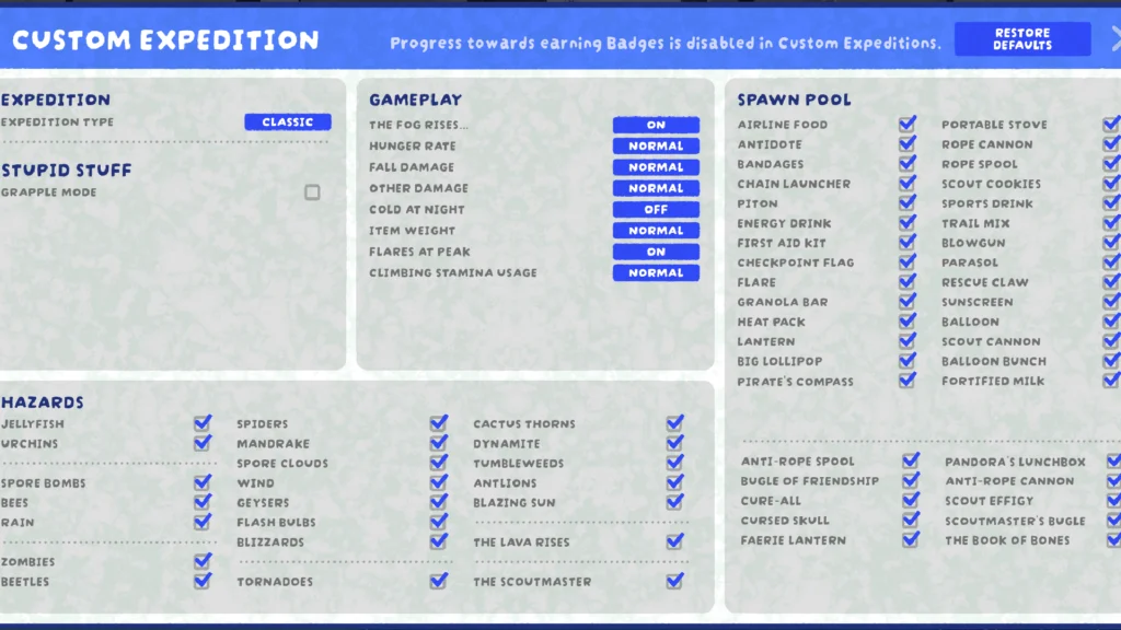 The extensive list of customization in the Custom Run menu introduced in the Peak Play It Your Way update