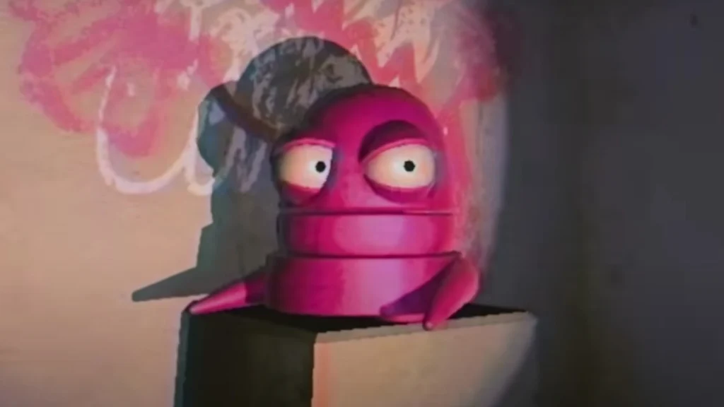 A truncated Semibot looking at a bright light source with angry eyes