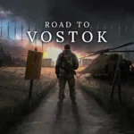 The cover of Road to Vostok showing an armed person stopping in the road at a stop sign with a crashing helicopter beyond the stop sign