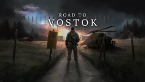 The cover of Road to Vostok showing an armed person stopping in the road at a stop sign with a crashing helicopter beyond the stop sign