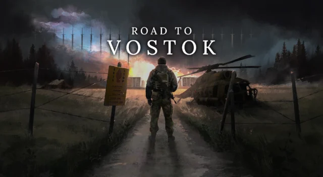 The cover of Road to Vostok showing an armed person stopping in the road at a stop sign with a crashing helicopter beyond the stop sign