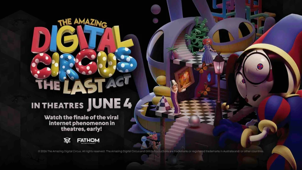 The announcement image for the finale of The Amazing Digital Circus featuring Pomni looking behind her in fear on the right and the title of the finale episode on the left with the date of when the finale will screen in theaters
