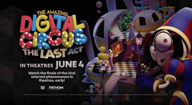 The announcement image for the finale of The Amazing Digital Circus featuring Pomni looking behind her in fear on the right and the title of the finale episode on the left with the date of when the finale will screen in theaters