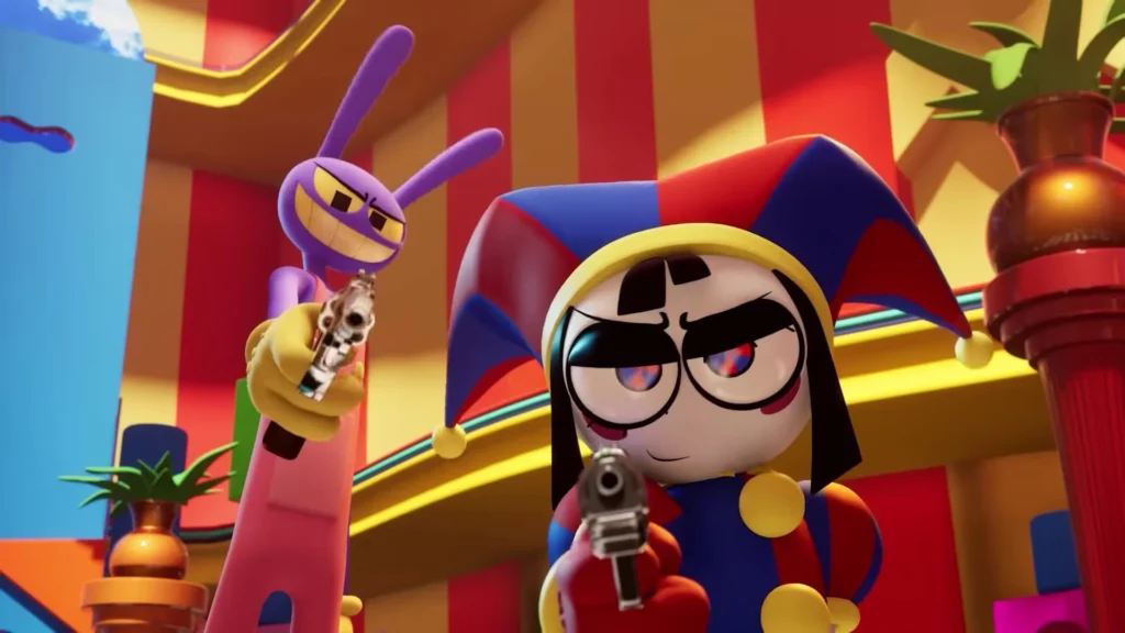 Jax and Pomni from The Amazing Digital Circus pointing guns at the viewer