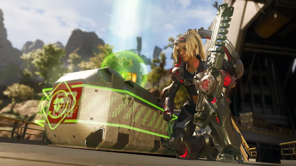 A character reviving a teammate via the new Deathbox respawn mechanic in the Apex Legends Overclocked features