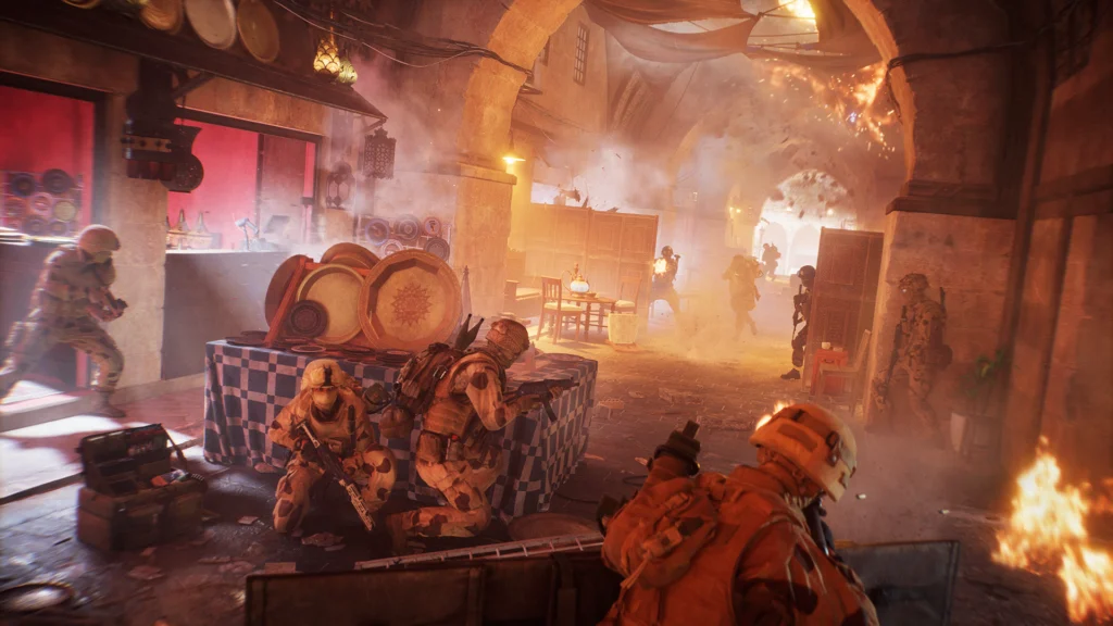 Soldiers fighting in the cramped spaces of the Bazaar map coming later in Battlefield 6 Season 3