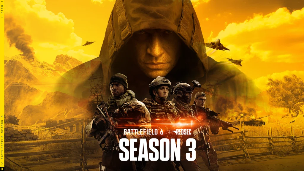 The cover for Battlefield 6 Season 3, which features several soldiers on screen with jets flying in the background with the title of the game and season front and center