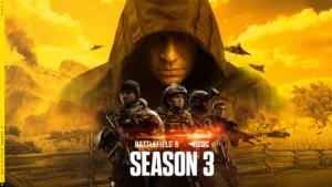 The cover for Battlefield 6 Season 3, which features several soldiers on screen with jets flying in the background with the title of the game and season front and center
