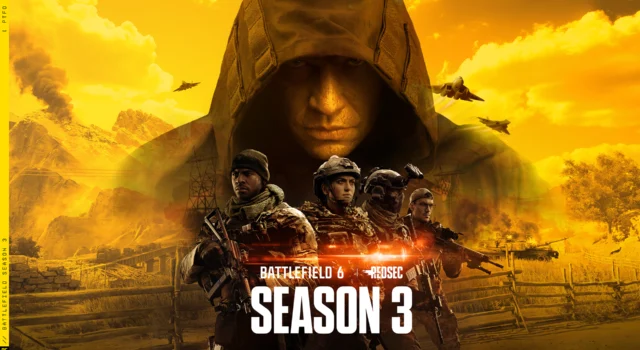 The cover for Battlefield 6 Season 3, which features several soldiers on screen with jets flying in the background with the title of the game and season front and center