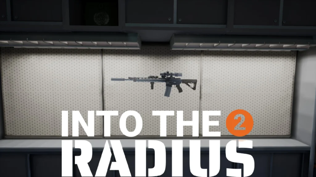 A highly customized M4 on a gun wall with the title of Into the Radius 2 beneath it