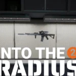 A highly customized M4 on a gun wall with the title of Into the Radius 2 beneath it