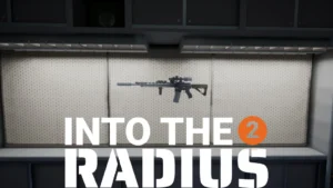 A highly customized M4 on a gun wall with the title of Into the Radius 2 beneath it