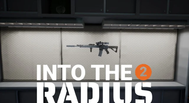 A highly customized M4 on a gun wall with the title of Into the Radius 2 beneath it