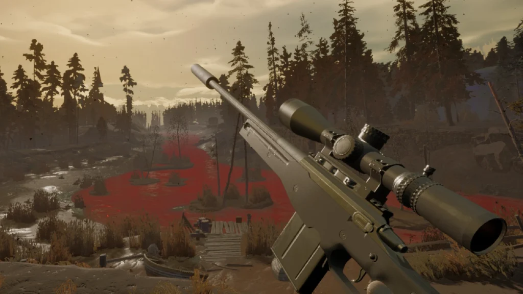 An Explorer holding a Remington 700 in a forest like area in Into the Radius 2