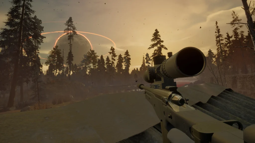 An Explorer taking position on a rooftop with their sniper rifle looking out into the distance in Into the Radius 2