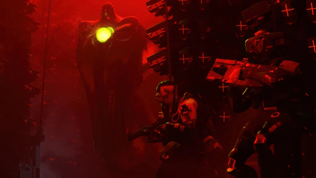 Two Runners taking cover from a looming S'pht Compiler in a room basked in red