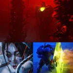 The cover of Marathon featuring several images of various Runner Shells compounded into one with the title of the game on the left side