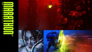 The cover of Marathon featuring several images of various Runner Shells compounded into one with the title of the game on the left side