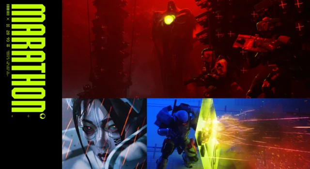 The cover of Marathon featuring several images of various Runner Shells compounded into one with the title of the game on the left side