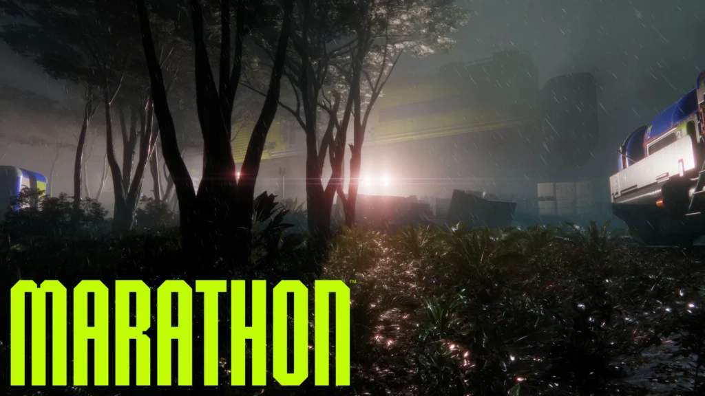 A teaser image of the new map coming in Marathon Season 2: Nightfall which depicts the upcoming night version of Dire Marsh with the title of the game in the bottom left