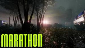 A teaser image of the new map coming in Marathon Season 2: Nightfall which depicts the upcoming night version of Dire Marsh with the title of the game in the bottom left