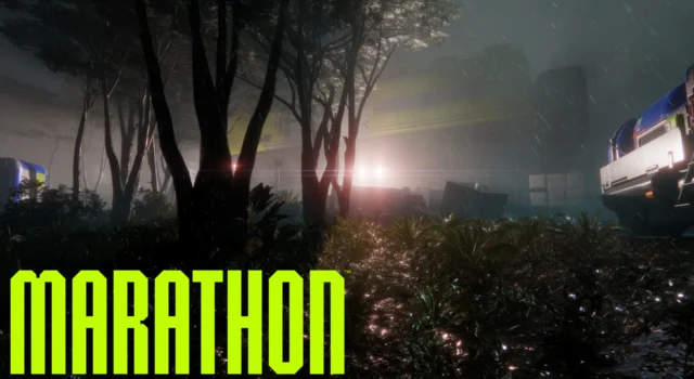 A teaser image of the new map coming in Marathon Season 2: Nightfall which depicts the upcoming night version of Dire Marsh with the title of the game in the bottom left