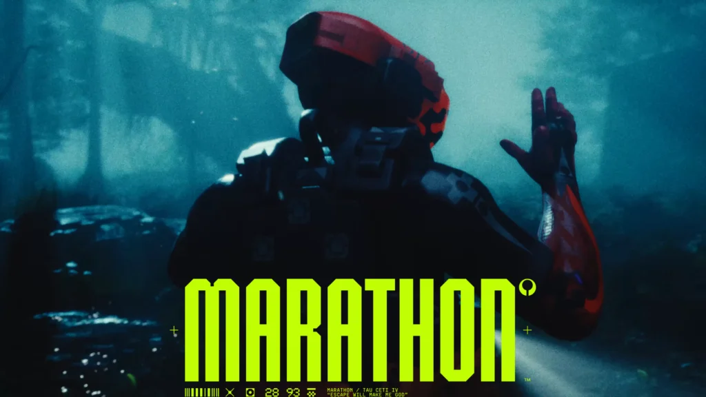 The new Shell coming in Marathon Season 2: Nightfall as seen from behind as they hold their right hand up to signal to stop moving with the title of the game on their back