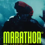 The new Shell coming in Marathon Season 2: Nightfall as seen from behind as they hold their right hand up to signal to stop moving with the title of the game on their back