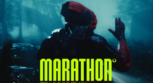 The new Shell coming in Marathon Season 2: Nightfall as seen from behind as they hold their right hand up to signal to stop moving with the title of the game on their back