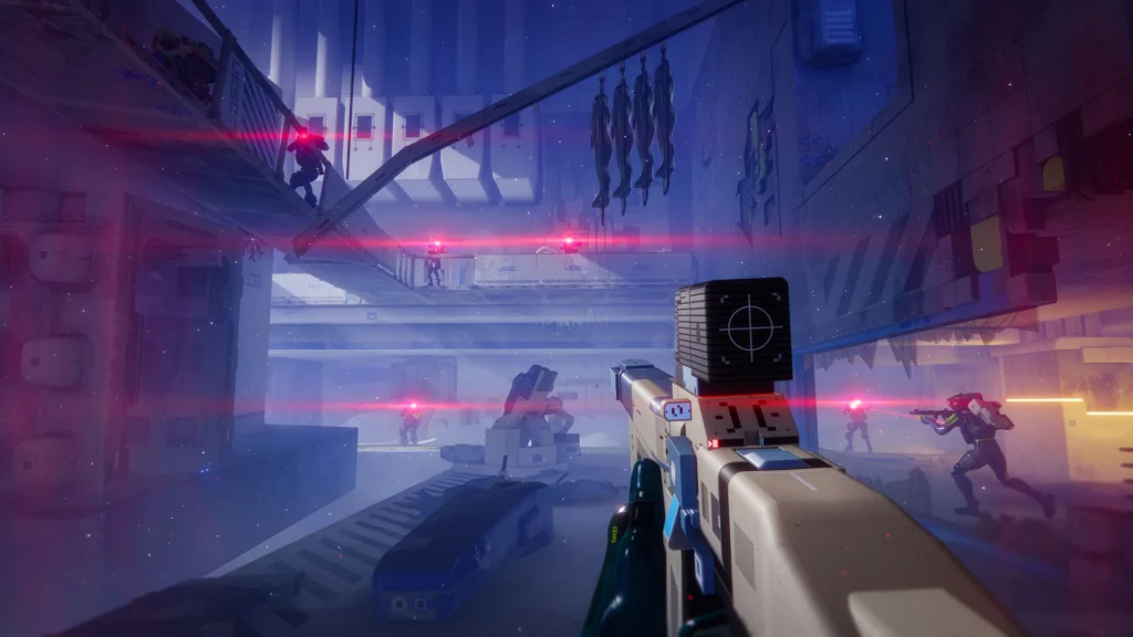 Two runners running into a squad of UESC units in Cryo Archive