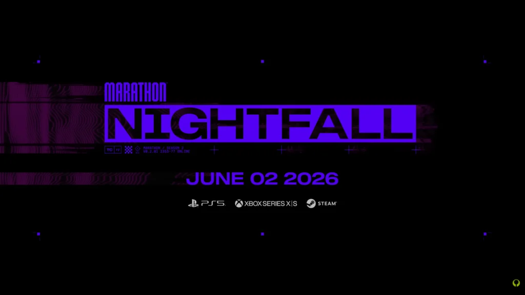 The release date reveal image for Marathon Season 2: Nightfall showing the title of the game, season, release date, and the platforms the game is on