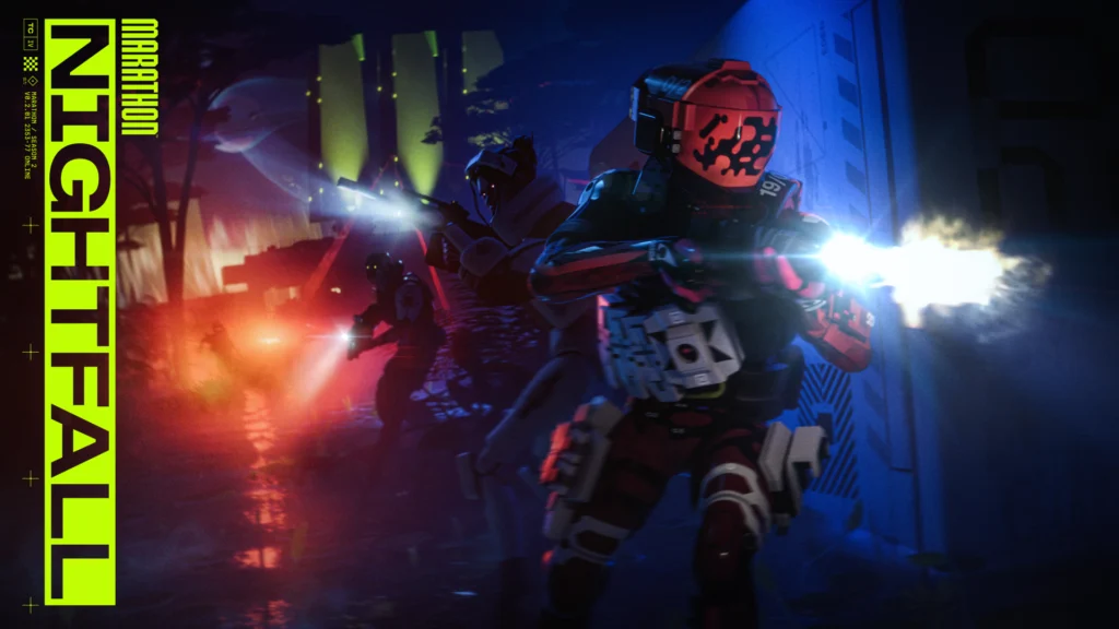 The cover of Marathon Season 2: Nightfall featuring the new Shell, Sentinel, leading their team in the darkness of Night Dire Marsh