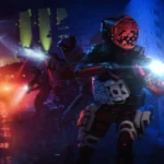 The cover of Marathon Season 2: Nightfall featuring the new Shell, Sentinel, leading their team in the darkness of Night Dire Marsh